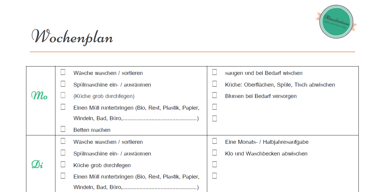 PutzplanWochenplan: ToDo-Liste zum Download | Häwelmäuse